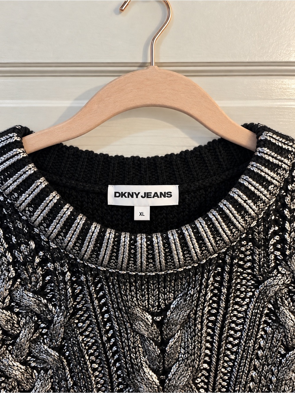 DKNY Jeans Black and Silver Metallic Cable Crew Sweater